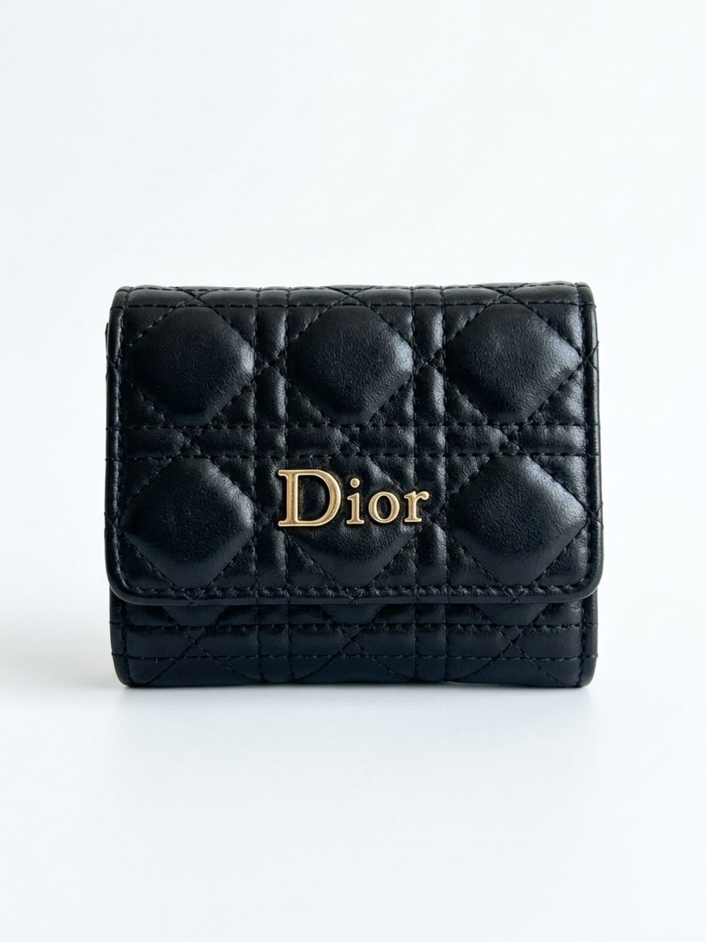 Black Quilted Trifold Wallet with Gold Logo